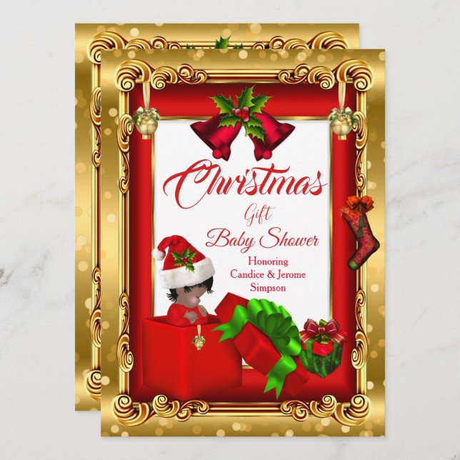 Invitation Christmas Girl Baby shower rouge or boîte cadeau A (Devant / Derrière)
