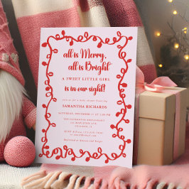 Invitation Christmas Girl blush pink red lights baby shower