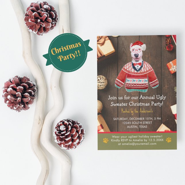 Invitation Christmas Holiday Bull Terrier Ugly Sweat Party (Front)