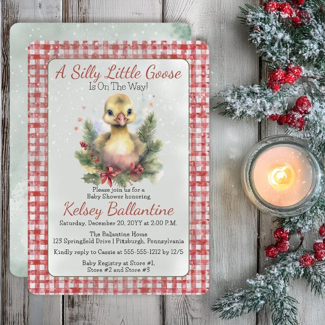 Invitation Christmas Holiday Goose Gosling Baby Shower (Cute Christmas Holiday Goose Gosling "A Silly Little Goose" Gingham Checks Baby Shower Invitation)