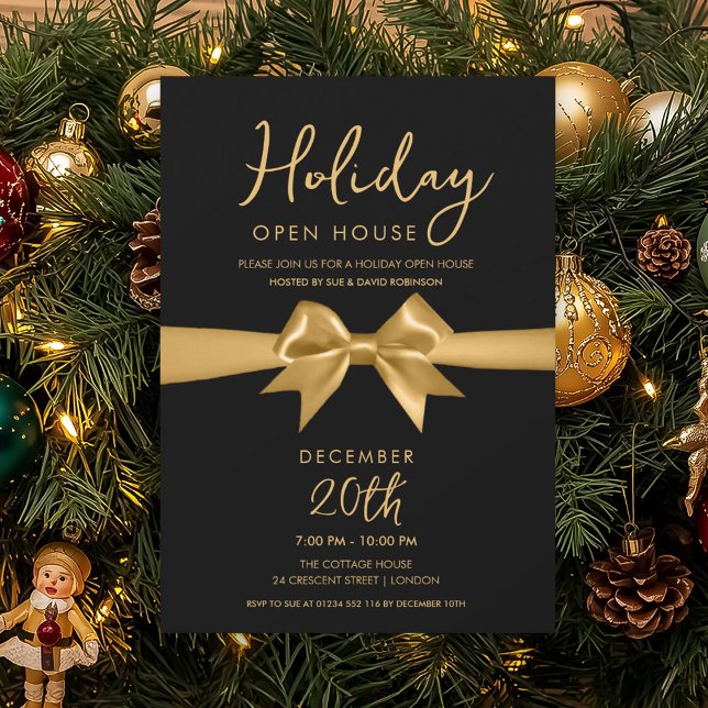 Invitation Christmas Holiday Open House Gold Bow Black (Christmas Holiday Open House Gold Bow Black Invitation)
