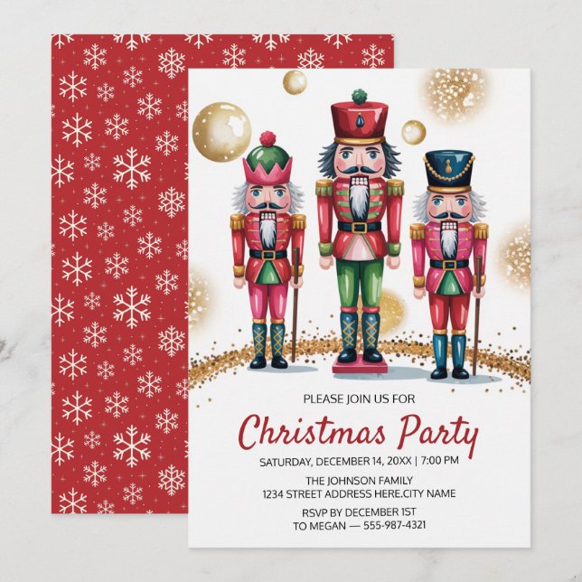 Invitation Christmas Holiday Party Nutcracker Gold Glitter    (Devant / Derrière)