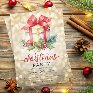 Invitation Christmas Holiday Watercolor Company Bokeh Gold
