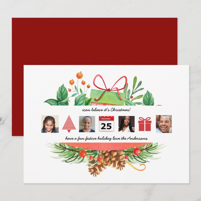 Invitation Christmas ICONS Photo Collage Wreath Moderne (Devant / Derrière)