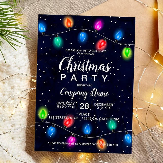 Invitation Christmas lights navy blue corporate (Christmas lights navy blue business corporate invitation)