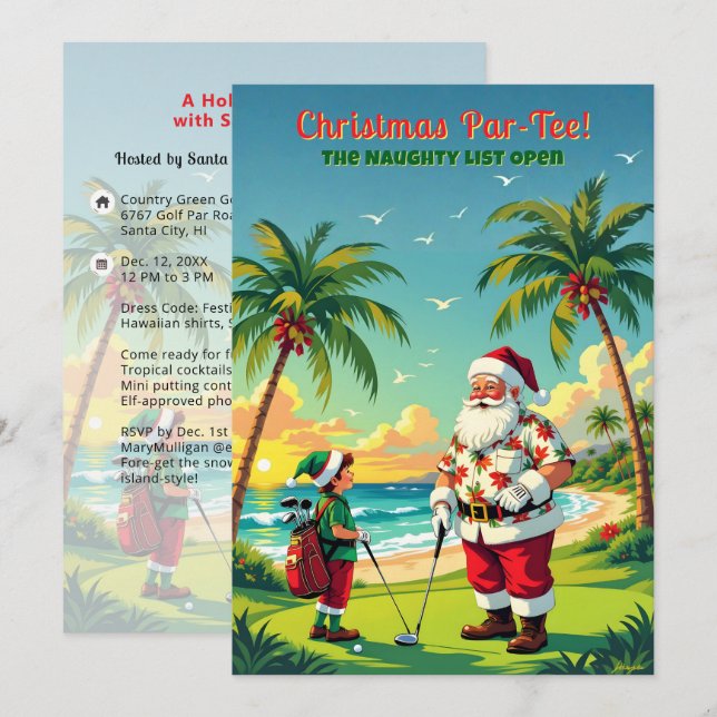 Invitation Christmas Par-Tee Funny Tropical Golf Santa Party (Devant / Derrière)