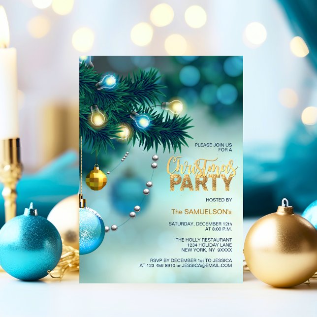 Invitation CHRISTMAS PARTY Blue Gold Tree Baubles Parties sci (CHRISTMAS PARTY Blue Gold Tree Baubles Glitter Invitation)