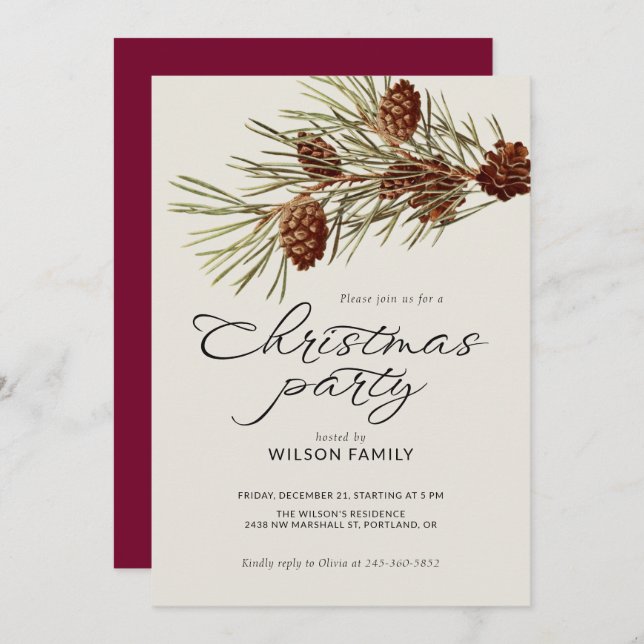 Invitation Christmas Party Pine Branch Modern Script Holiday (Devant / Derrière)