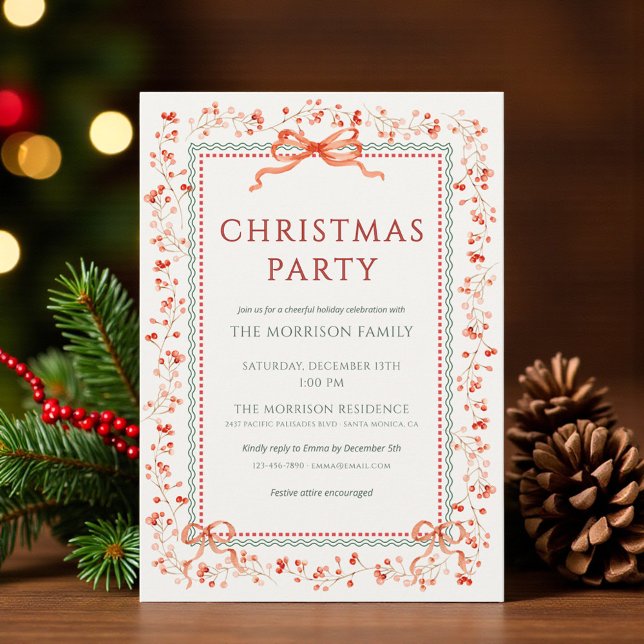 Invitation Christmas Party Red Bow Botanical Holiday (Créateur téléchargé)