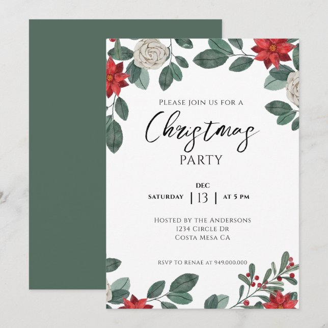 Invitation Christmas Party Red Green Floral (Devant / Derrière)