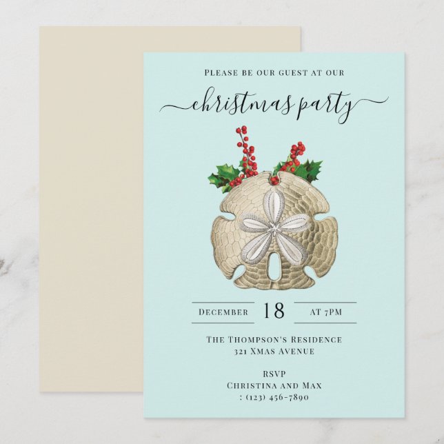 Invitation Christmas Party Sand Dollar Holly Berries Coastal  (Devant / Derrière)