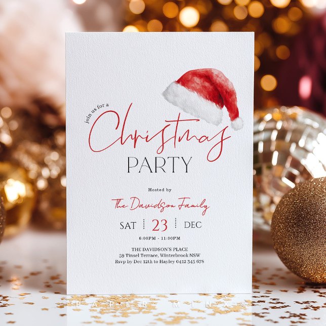 Invitation Christmas Party Santa Hat (Christmas Party with cute Santa Hat and red and black fonts)