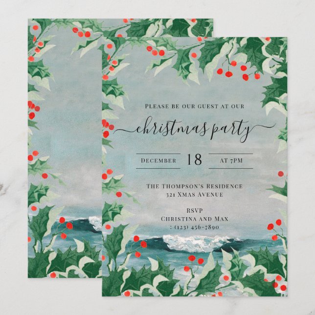 Invitation Christmas Party Watercolor Beach Coastal Holly (Devant / Derrière)