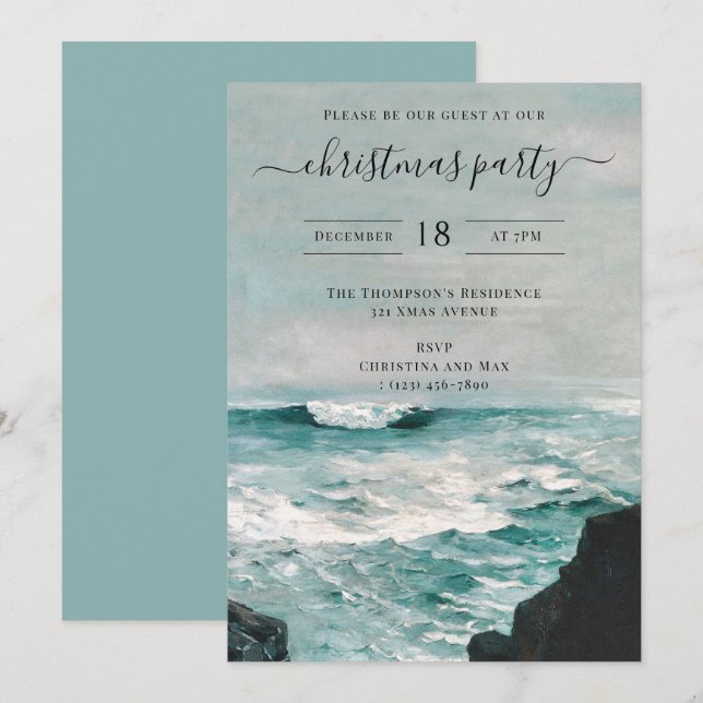 Invitation Christmas Party Watercolor Beach Coastal Summer (Devant / Derrière)