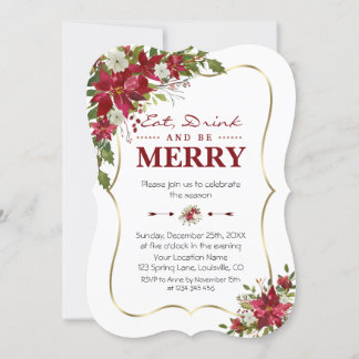 Invitation Christmas Poinsettia Gold Mange Boire et être Joye
