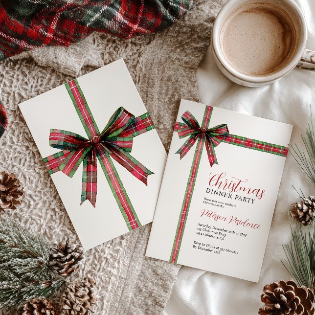 Invitation Christmas Red Green Plaid Coquette Bow Holiday (Christmas Red Green Plaid Coquette Bow Holiday Invitation)