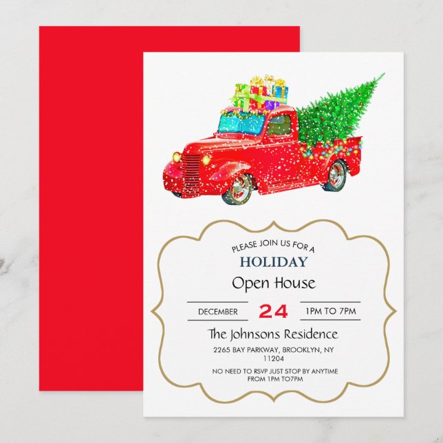 Invitation Christmas red truck with a Christmas tree and veni (Devant / Derrière)
