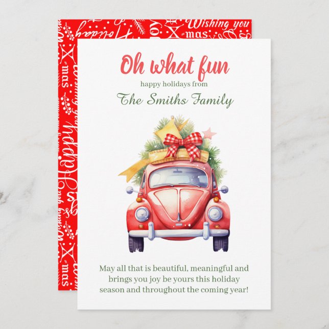 Invitation Christmas retro car postcard (Devant / Derrière)