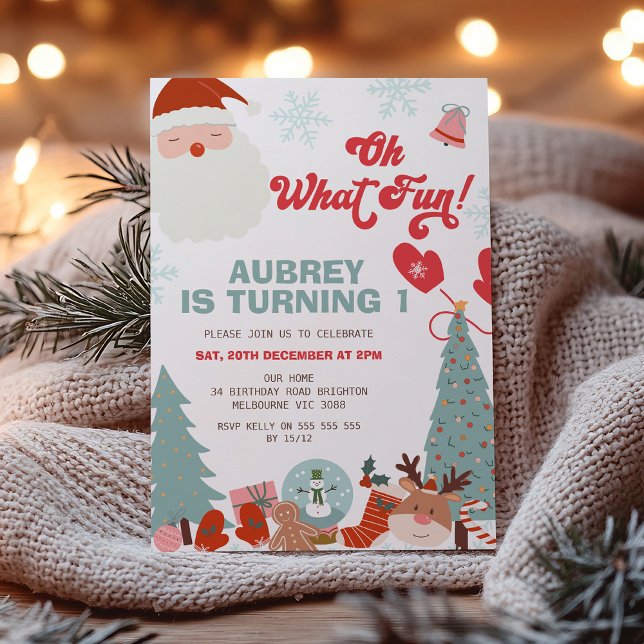 Invitation Christmas Retro Oh What Fun 1er Anniversaire (Oh What Fun Christmas Birthday Invitation Template,  Retro Christmas 1st Birthday, Winter Holiday, )