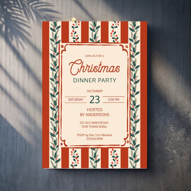 Invitation Christmas retro stripes grandmilenial dinner party (Christmas retro red stripes grand millennial dinner party invitation cards template )