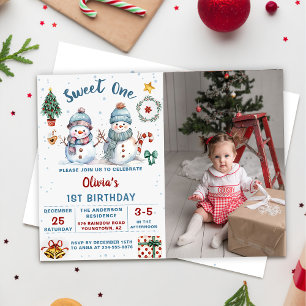 Invitation Christmas Snowman Sweet One 1st Birthday Photo