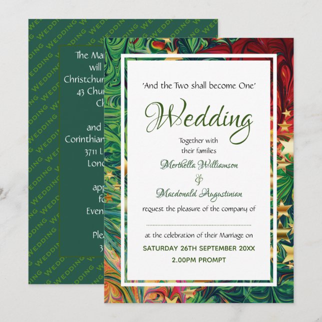 Invitation CHRISTMAS STARS Festive Red Green Gold Mariage (Devant / Derrière)