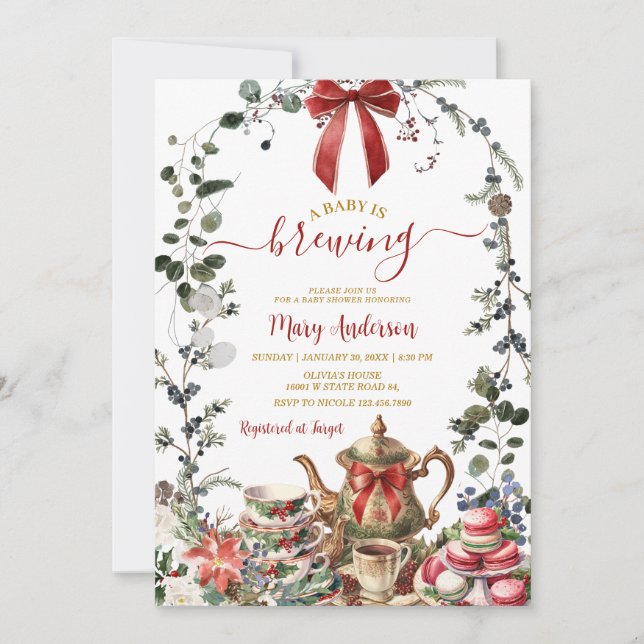 Invitation Christmas Tea Party Baby is Brewing Baby Shower (Devant)
