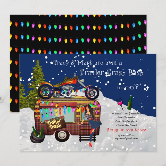 Invitation Christmas TRAILER WHITE TRASH BASH Fun Party (Devant / Derrière)