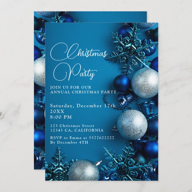 Invitation Christmas Tree Ornament Party Blue  (Devant / Derrière)