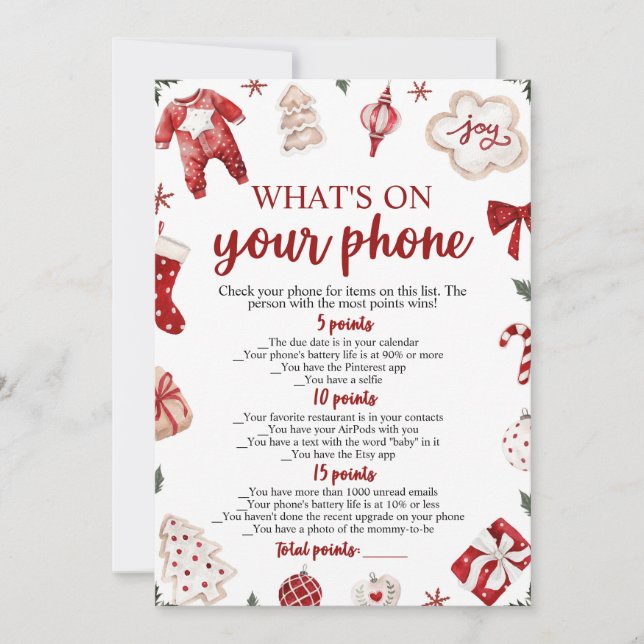 Invitation Christmas What's On Your Phone Baby shower Game (Devant)