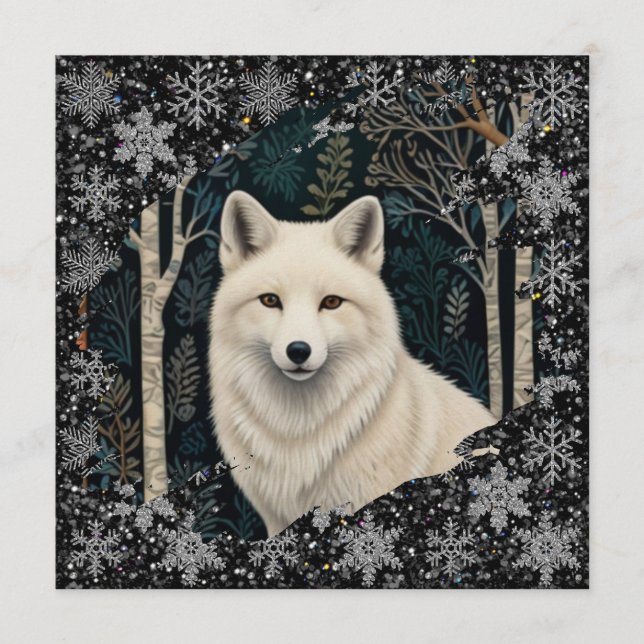 Invitation Christmas white fox white wolf sparkling snowflake (Devant)
