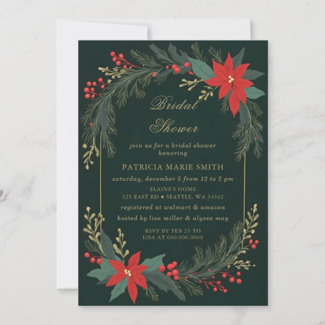 Invitation Christmas Winter Floral Green Gold Bridal Shower (Devant)
