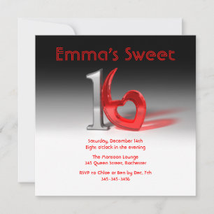 Invitation Chrome & Candy Red Sweet 16