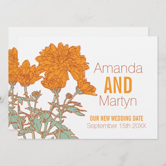 Invitation Chrysanthème de mariage blanc orange reporté (Devant / Derrière)