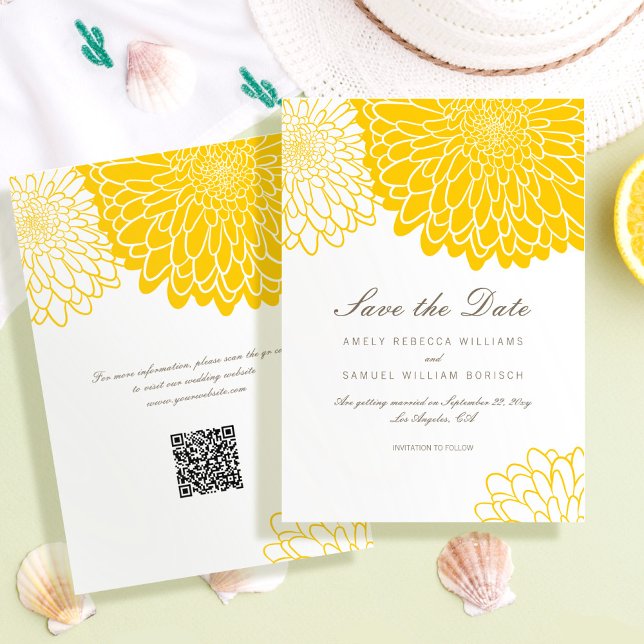 Invitation Chrysanthème jaune blanc QR Code Enregistrer la da (Créateur téléchargé)