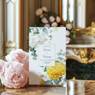 Invitation Chrysanthème jaune Pivoine blanche Eucalyptus