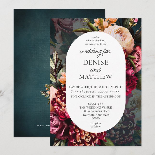 Invitation Chrysanthème romantique sur Mariage Turquoise (Devant / Derrière)