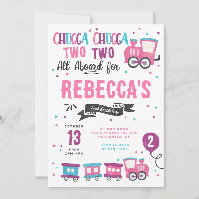 Invitation Chugga Chugga Choo choo Fille Train fête d'anniver (Devant)