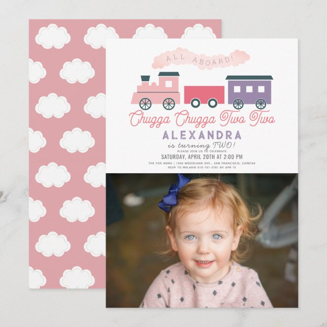 Invitation Chugga Chugga Deux Train Girl 2e anniversaire Phot (Devant / Derrière)