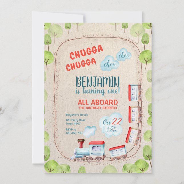 Invitation Chugga Train Choo Boy Red Blue Anniversaire Rails (Devant)