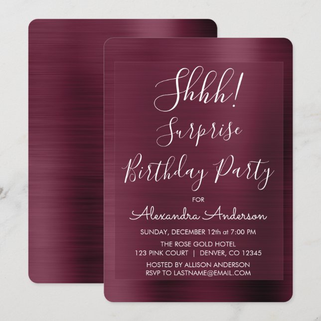 Invitation Chut ! Surprise Bourgogne fête d'anniversaire (Devant / Derrière)