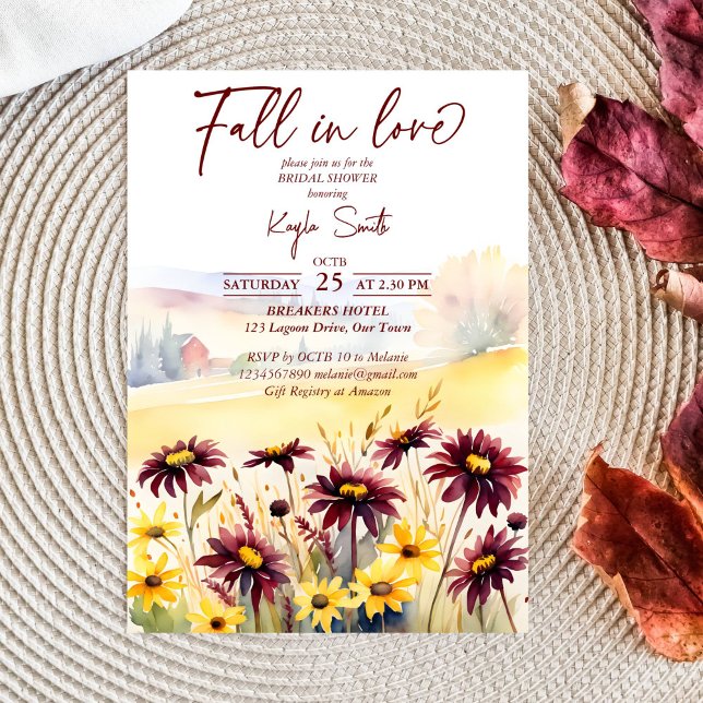 Invitation Chute amoureuse burgundy dahlias jaune daisie (Fall in love burgundy dahlias yellow daisies fall themed bridal shower template invitation digital)