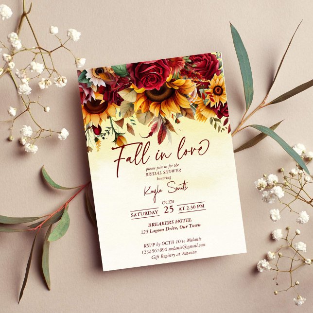 Invitation Chute amoureuse de tournesols rose bordeaux (Fall in love burgundy roses sunflowers bridal shower invitation template instant download)