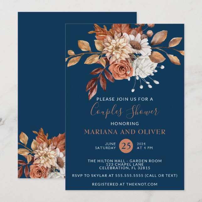 Invitation Chute Aquarelle Floral Marine Couples Bleus Douche (Devant / Derrière)