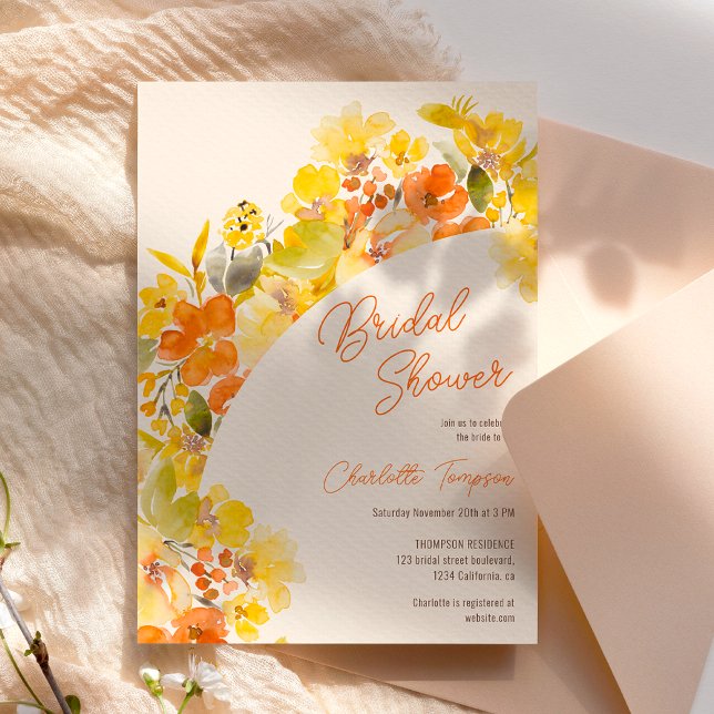 Invitation Chute boho jaune fleurs script douche nuptiale (Fall boho yellow flowers script bridal shower invitation)