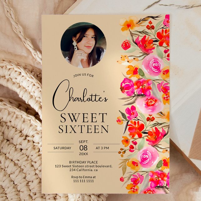 Invitation Chute boho rouge orangé photo florale Sweet 16 (Fall boho red orange floral photo Sweet 16 Invitation on yellow)