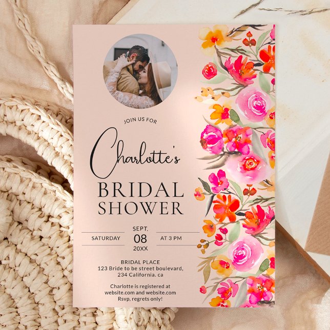 Invitation Chute boho rouge oranger floral photo nuptiale (Créateur téléchargé)