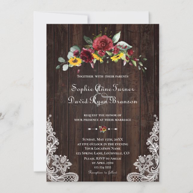 Invitation Chute Bourgogne Floral Fleurs de soleil Mariage de (Devant)