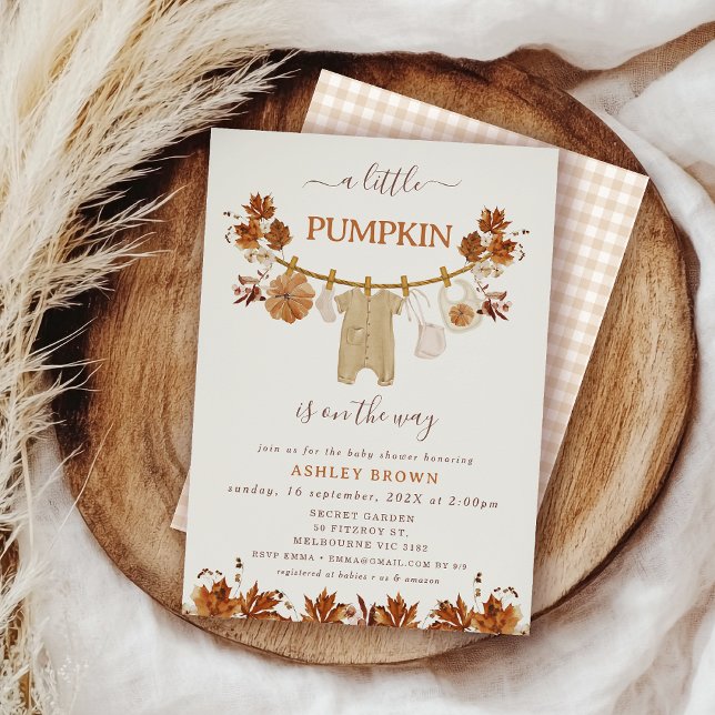 Invitation Chute Brown en feuillage beige Baby shower (Rustic Fall Baby Shower Invitation, Fall Baby Shower Invitation With Clothesline, Autumn Baby Shower)