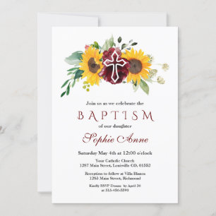 Invitation Chute Burgundy Tournesol Croix blanche Baptême